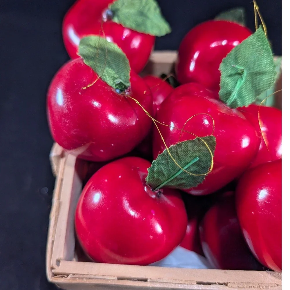 Vintage Style Red Faux Apple Ornaments with Woven Wood Berry‎ Basket Set of 13